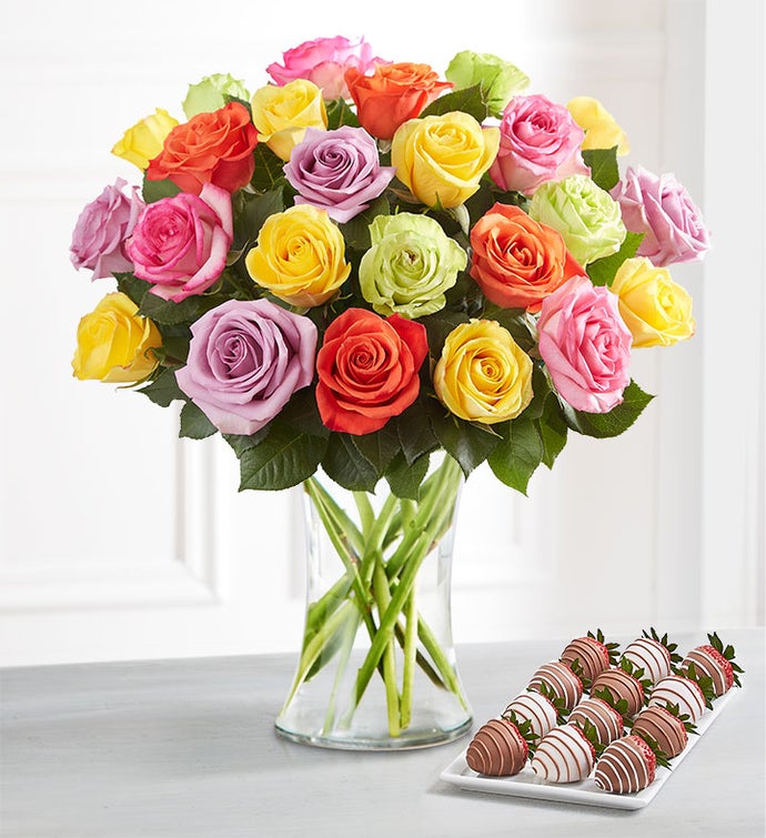 Deliciously Decadent™ Assorted Roses & Drizzled Strawberries
